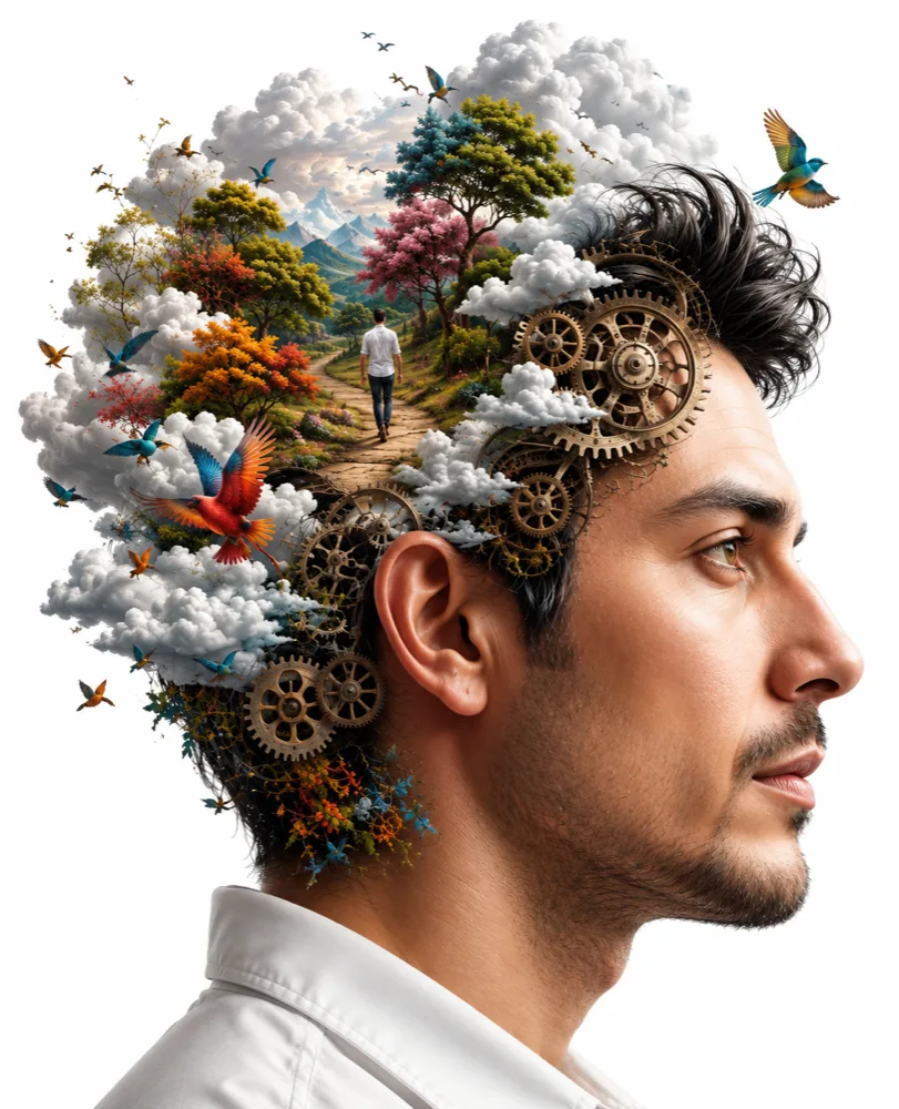 Ilustración de un hombre con paisaje y engranes en la mente