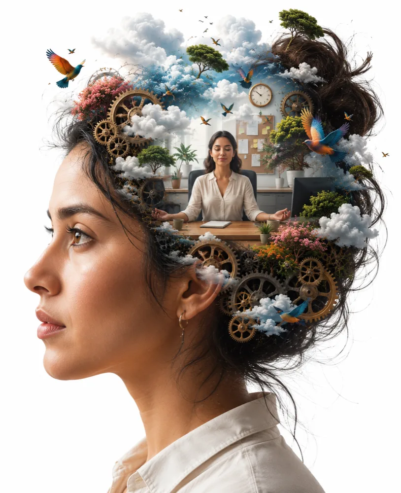 Ilustración de una mujer con paisaje y engranes en la mente
